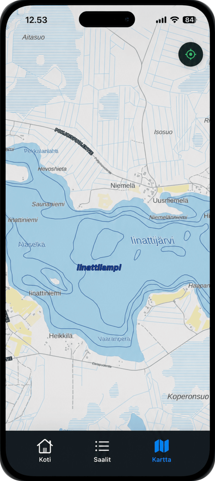 Kalaviren karttanäkymä: järven syvyyskäyrät ja pohjan muodot